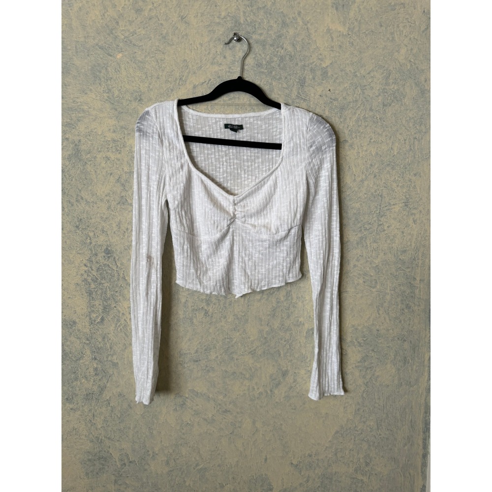 Wild Fable Cropped Top Womens Medium White Ribbed V-Neck Long Sleeve